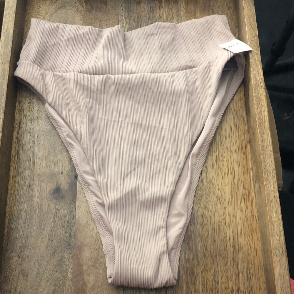 aerie Ribbed High-Cut Bikini Bottoms in Light Mauve